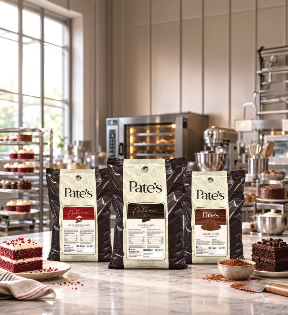 Pâte’s cake mixes and cocoa powder in a professional pastry kitchen